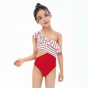 naisibaby Summer Toddler Girls Fashion Swimsuit Set, Kids High Waist One-piece Bikini Set Red 5-6 T